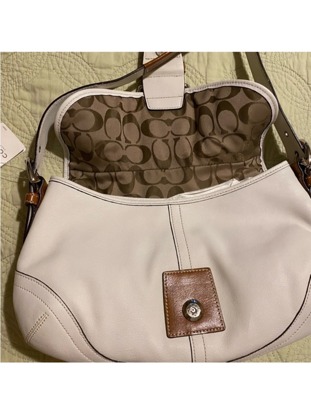 Coach White SoHo Leather Shoulder Bag with Brown Trim and Buckle - Picture 3 of 14
